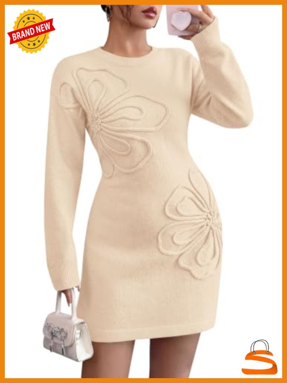 Women's Embroidered Long Sleeve Bodycon Mini Sweater Dress Crew Neck